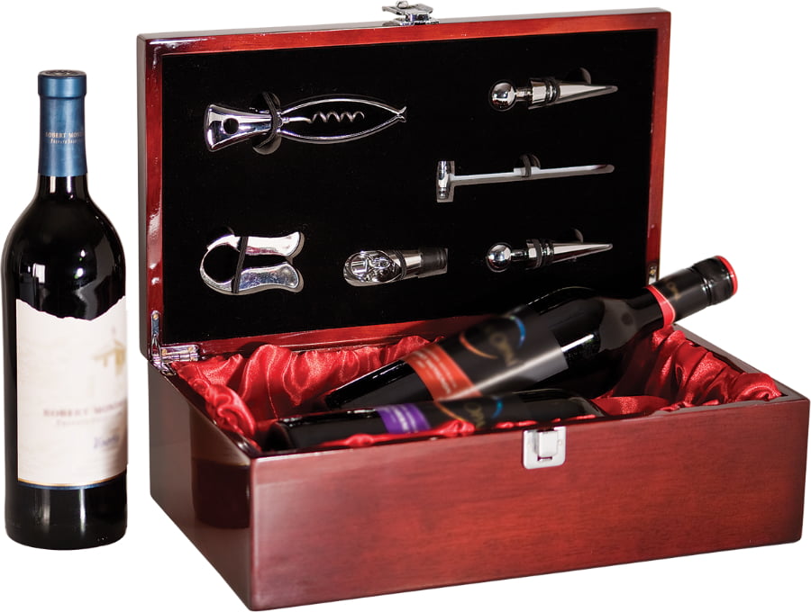 wooden wine box with six tools and bottle of wine